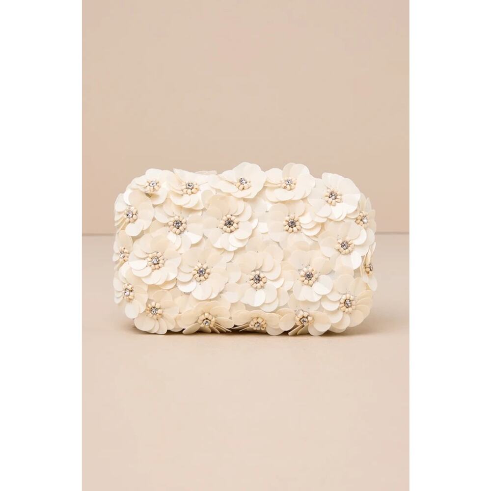 NWOT Lulus Blooming Addition Ivory Sequin Rhinestone Box Clutch Bag